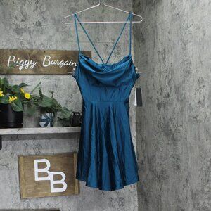 City Studios Juniors Draped Sleeveless Satin Fit Flare Dress Teal Blue Green 7/8